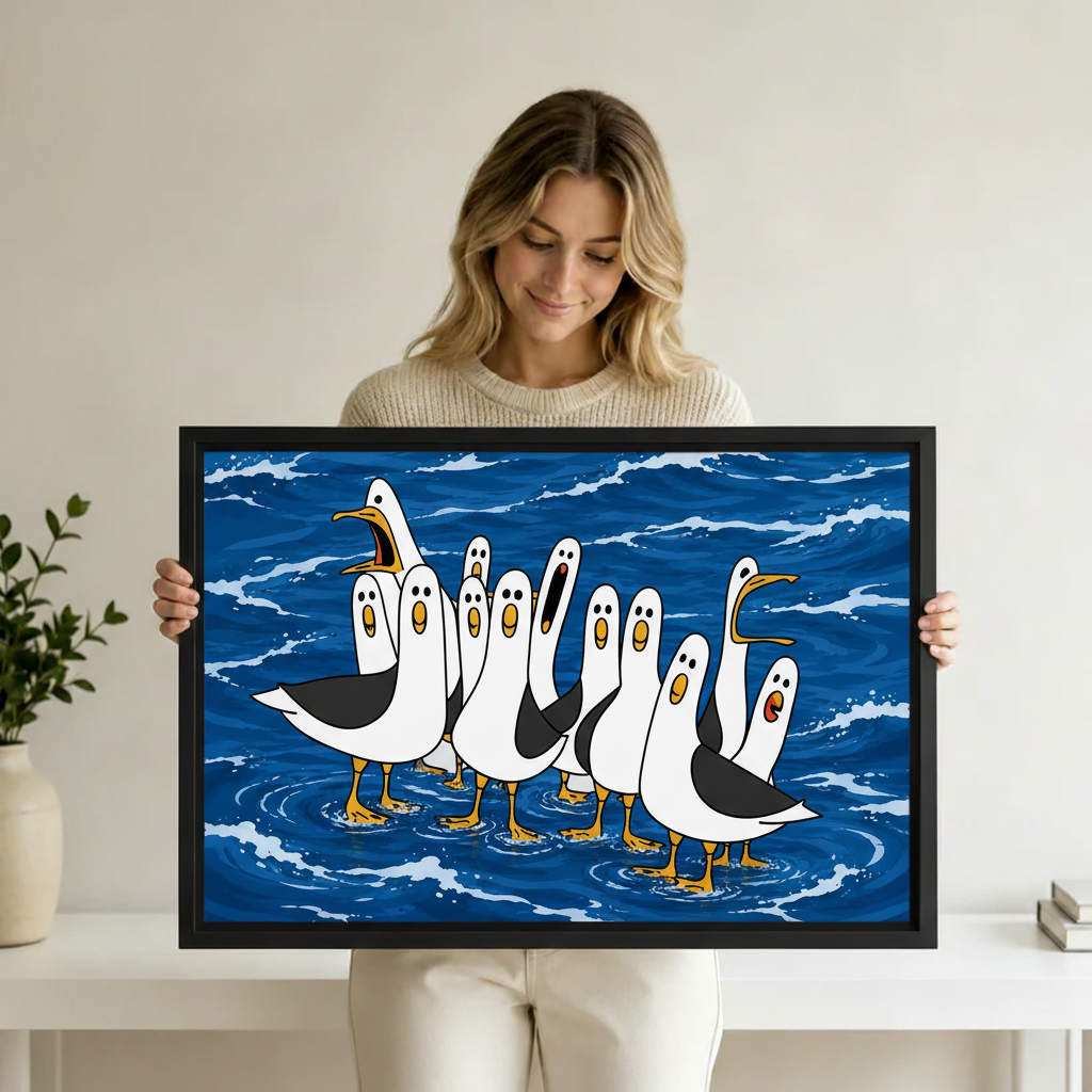 Person holding funny seagull canvas print — coastal bird wall art for beach house