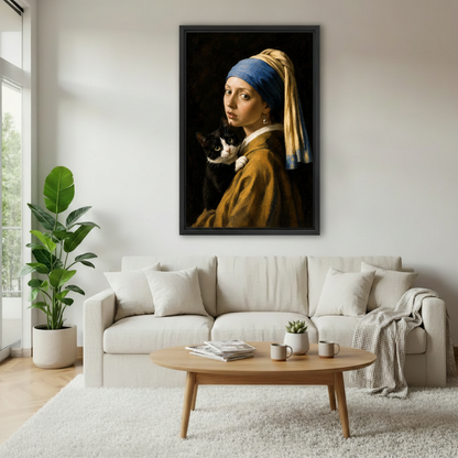 Classical framed canvas art of girl with tuxedo cat above beige sofa in modern living room