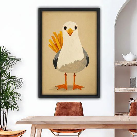 Funny seagull french fries canvas wall art in black frame above dining table, whimsical coastal bird print for modern home decor