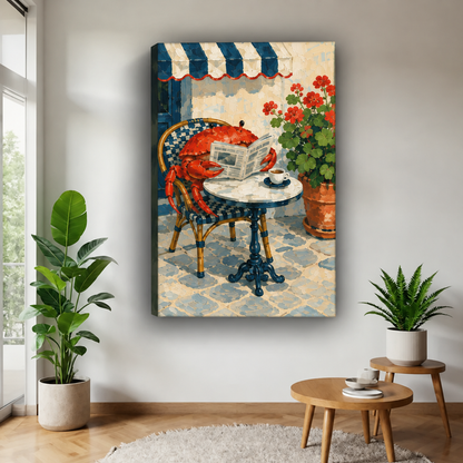 Unframed cafe crab canvas wall art featuring a red crab reading a newspaper, displayed between potted plants.