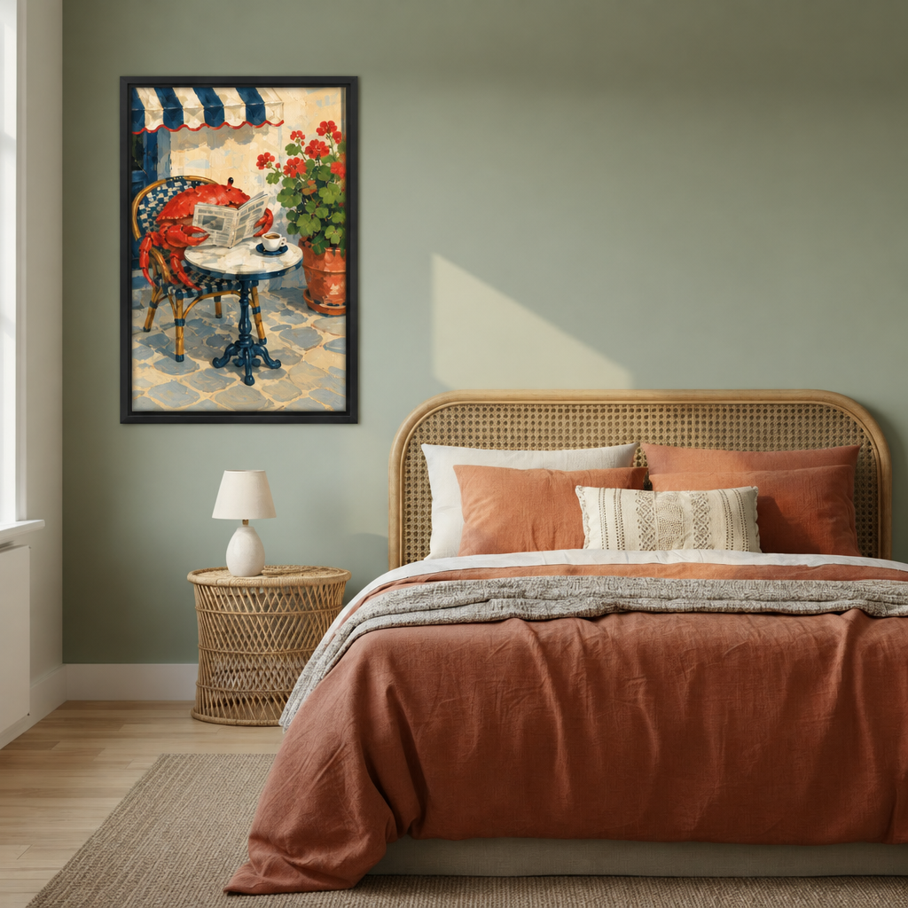 Black-framed cafe crab wall art beside a rattan bed with terracotta bedding against a sage green wall.