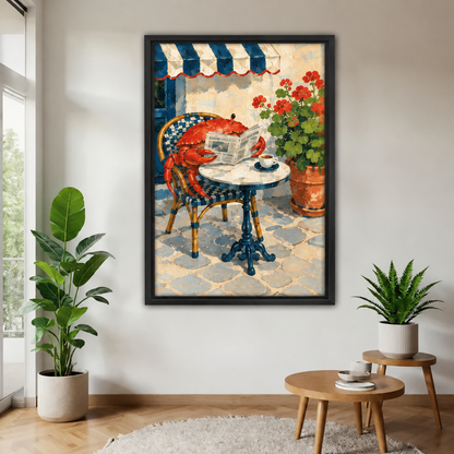 Cafe crab wall art in a black frame beside a bright window, with potted plants and round wooden tables.