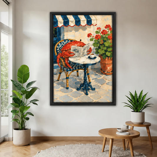 Cafe crab wall art in a black frame beside a bright window, with potted plants and round wooden tables.