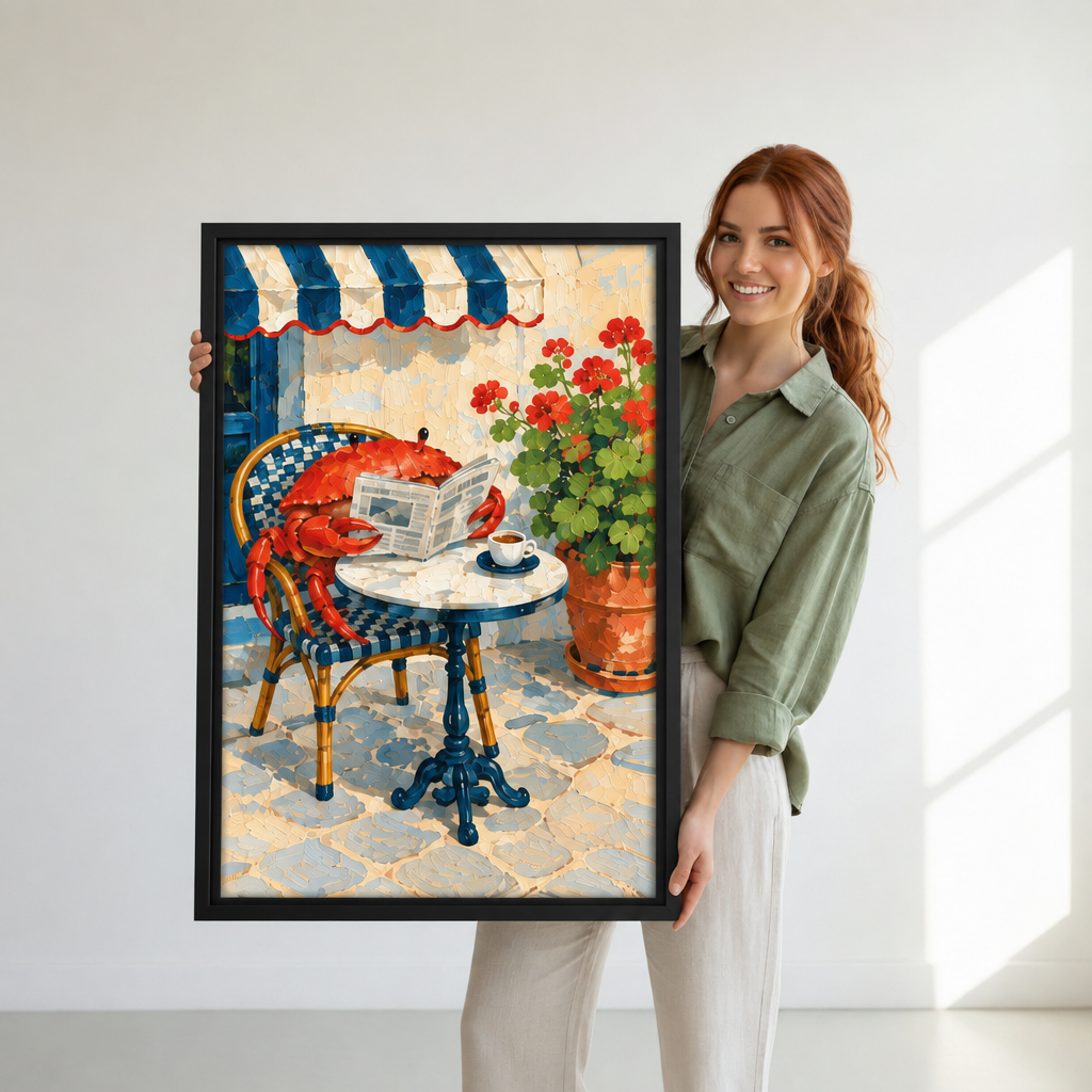 Woman holding black-framed cafe crab wall art featuring a newspaper, coffee cup, striped awning, and red flowers.