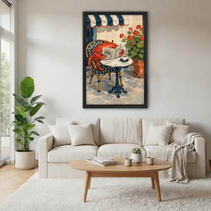 Framed cafe crab wall art above a cream sofa with a wooden coffee table and a leafy plant