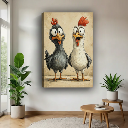 Frameless gallery-wrap canvas featuring a humorous black and white cartoon chicken duo in vintage beige tones, displayed between indoor plants in a bright living space