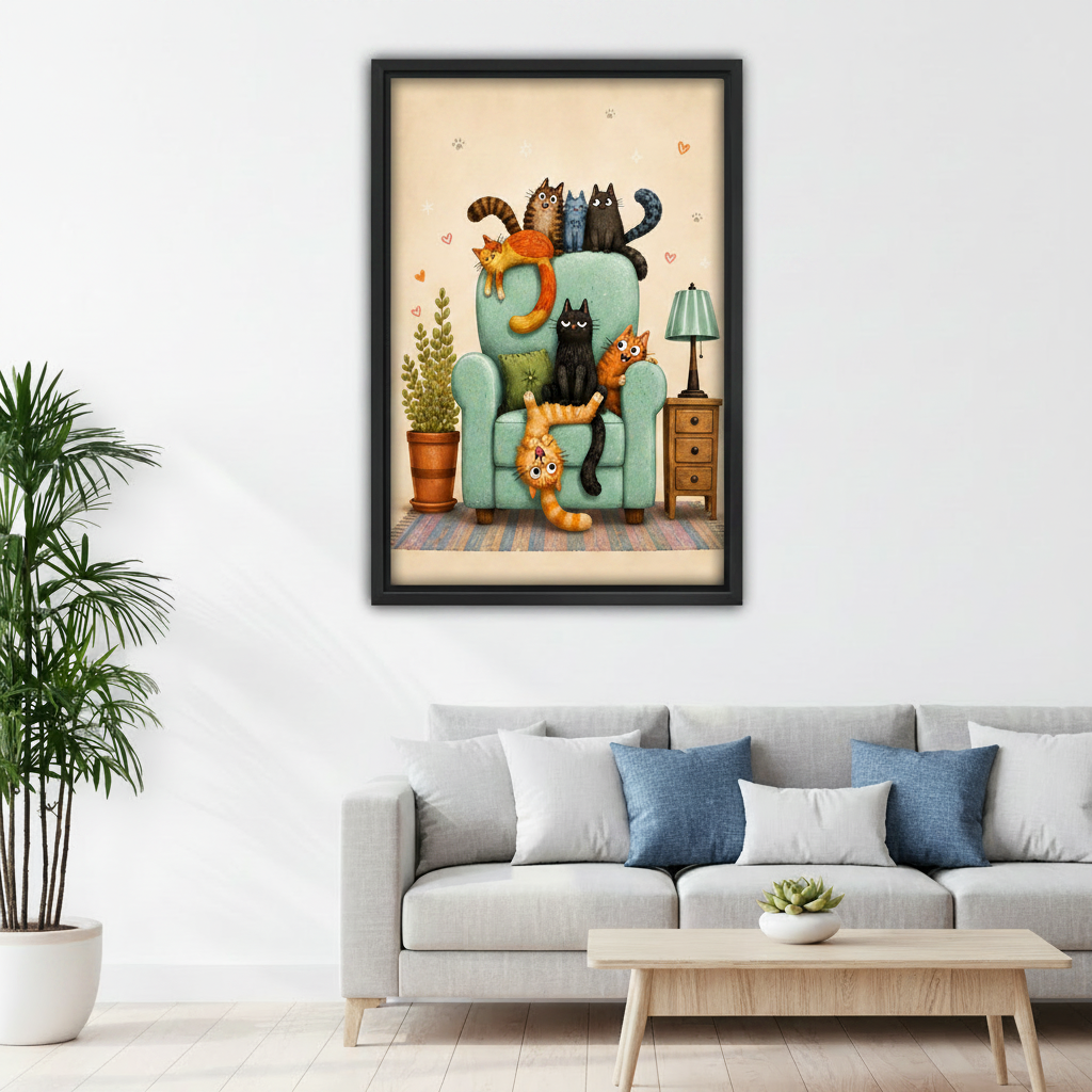 Whimsical cartoon cats framed canvas wall art above gray sofa bringing playful energy to modern living room