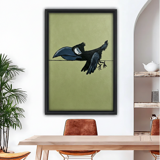 Cartoon crow wire framed canvas wall art above wooden dining table eclectic room decor