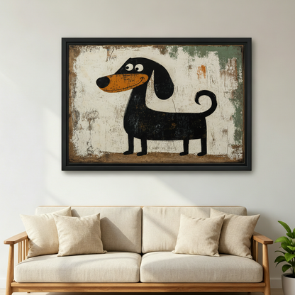  Cartoon dachshund black framed canvas print above beige sofa, quirky dog wall art for Scandinavian living room