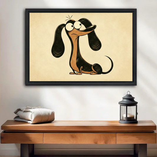 Retro cartoon dachshund black framed canvas wall art above wooden console table with lantern and linen