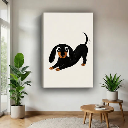 Playful dachshund framed canvas wall art above beige sofa in bright Scandinavian living room