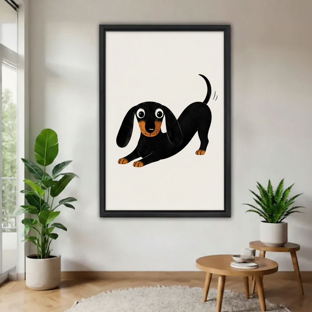 Cartoon dachshund canvas wall art in black frame displayed in minimalist white room with indoor plants