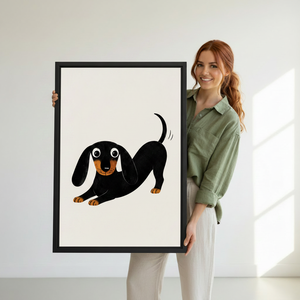 Woman holding large black framed dachshund cartoon canvas print in bright white studio