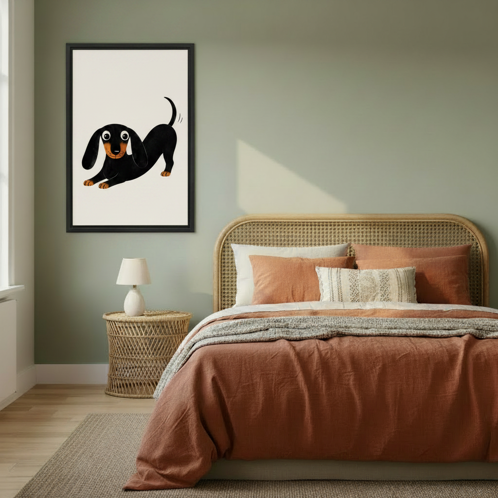 Funny dachshund canvas wall art in black frame on sage green bedroom wall above rattan bed