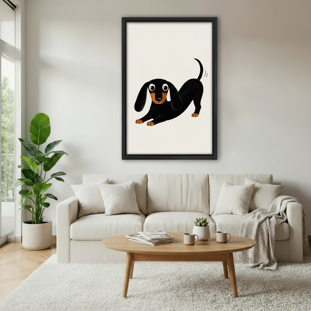 Cartoon dachshund gallery wrap canvas art mounted on white wall with visible side depth