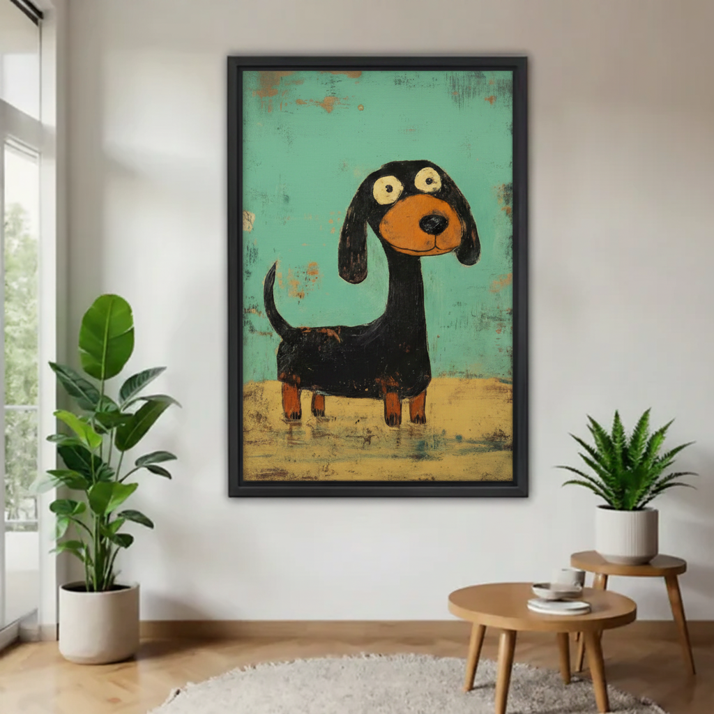 Cute dachshund teal retro oil painting framed canvas wall art above side table with plants, whimsical black dachshund on distressed teal background living room decor