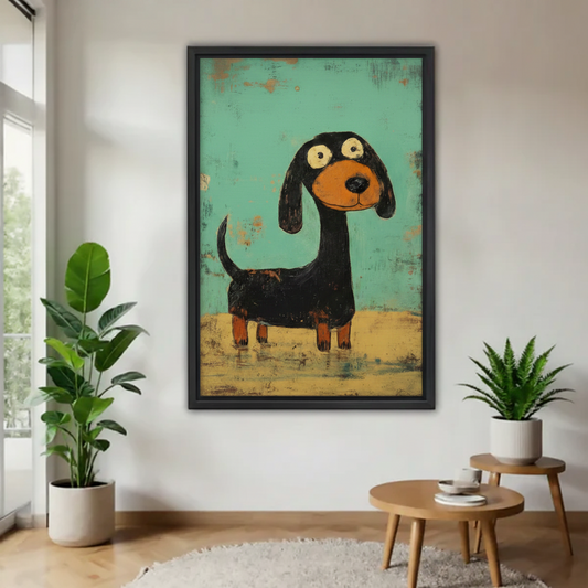 Cute dachshund teal retro oil painting framed canvas wall art above side table with plants, whimsical black dachshund on distressed teal background living room decor