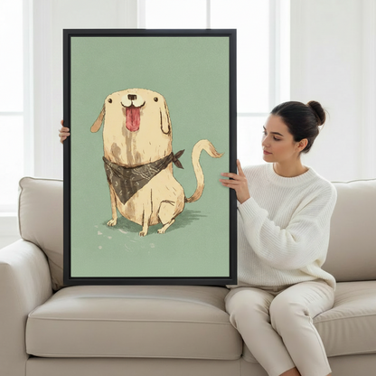 Whimsical cartoon Labrador with bandana framed canvas wall art held by woman on white sofa