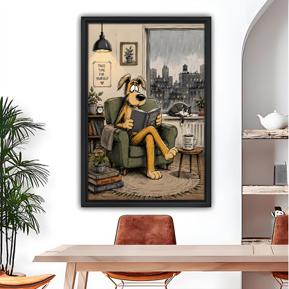 Framed cartoon dog reading book canvas wall art with rainy city window and cozy armchair scene above dining table