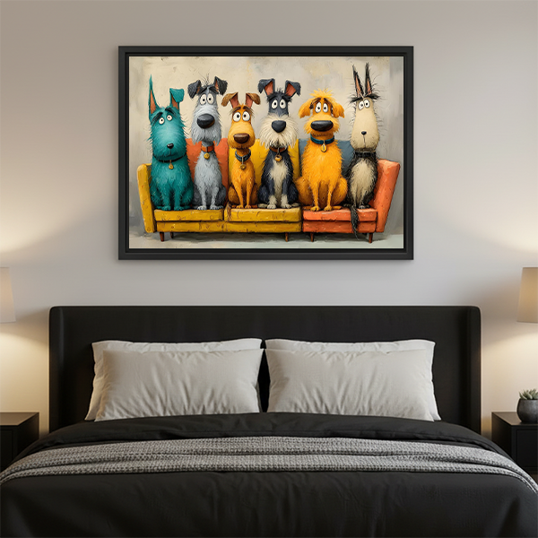 Colorful cartoon dogs canvas wall art in black frame displayed above bed as bedroom wall decor