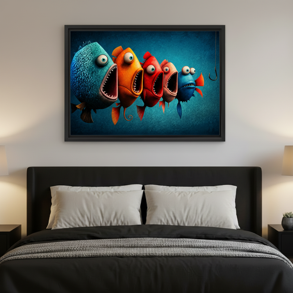 Colorful cartoon fish framed canvas print hung above bed as bedroom wall decor accent