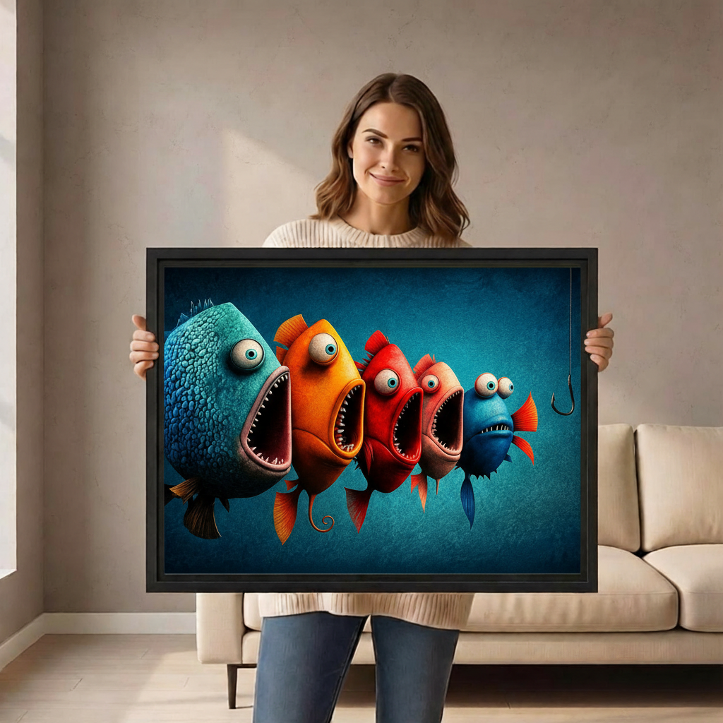 Woman holding large funny cartoon fish framed canvas wall art in bright living room