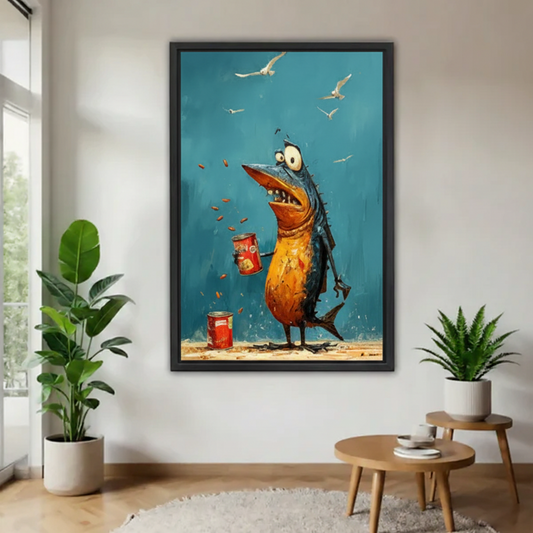 Large black framed print of a cartoon fish monster standing on a beach holding a red tin can with crumbs flying, seagulls soaring in a teal sky, displayed on a white wall between two tropical potted plants