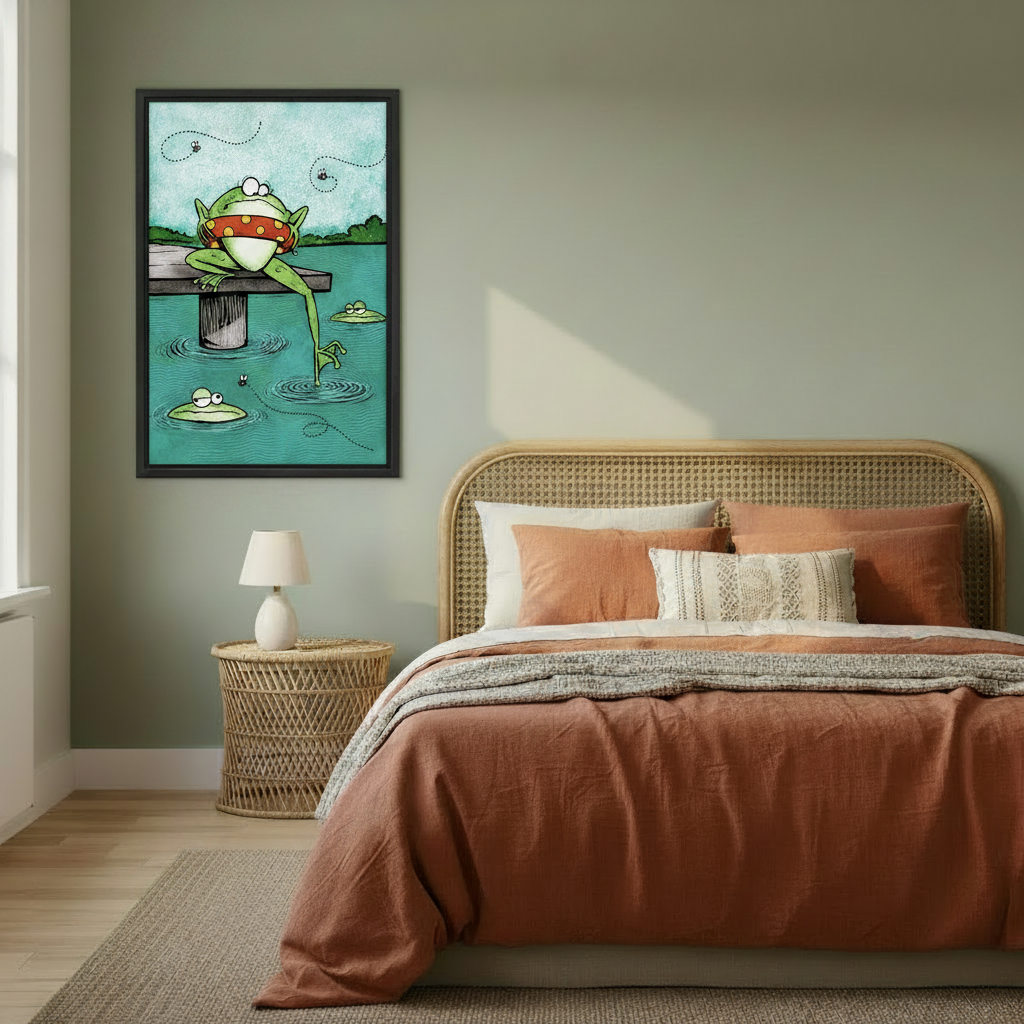 Cartoon frog dock black framed canvas print on sage green bedroom wall above rattan bed with terracotta bedding