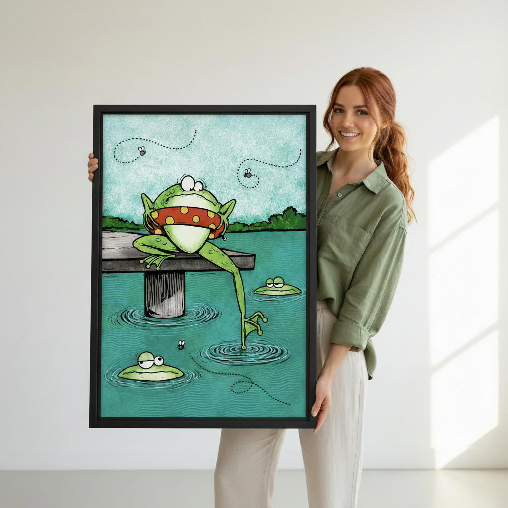 Smiling woman holding large black framed cartoon frog on dock canvas wall art in bright white studio