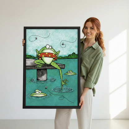 Smiling woman holding large black framed cartoon frog on dock canvas wall art in bright white studio
