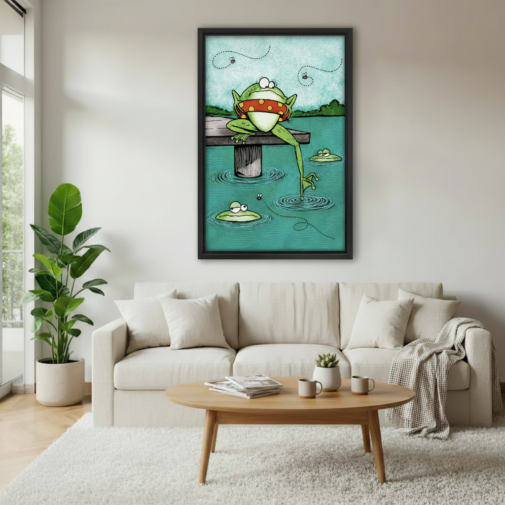 Cartoon frog on dock framed canvas wall art displayed above beige sofa in cozy Scandinavian living room with coffee table