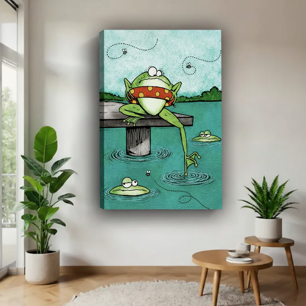 Funny cartoon frog dock gallery wrap canvas with visible side depth mounted on white wall beside indoor plants