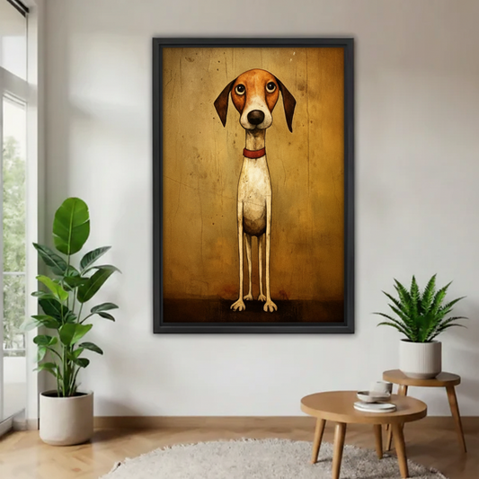 Whimsical hound framed canvas wall art on white wall with plants — vintage dog illustration in black frame, modern eclectic home decor