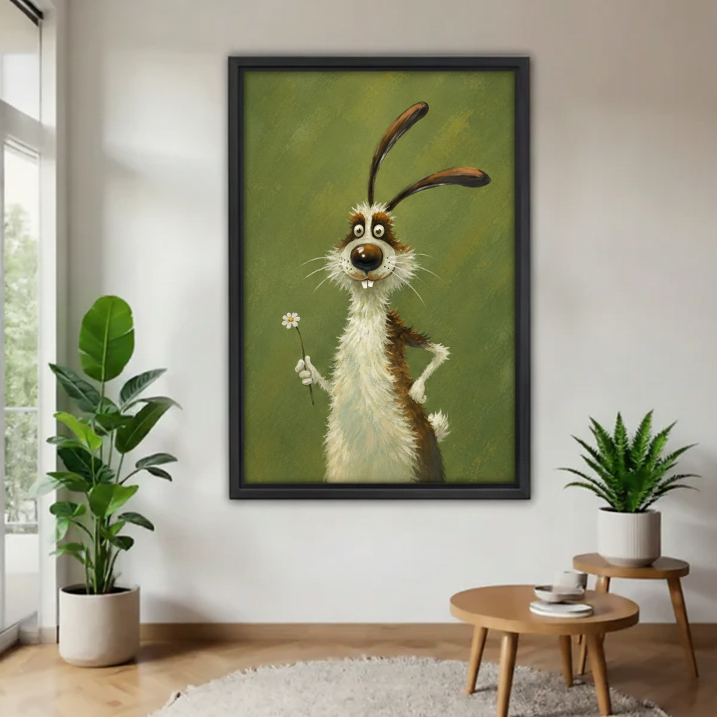 Whimsical cartoon rabbit canvas wall art in black frame, holding a daisy, minimalist living room with green plants
