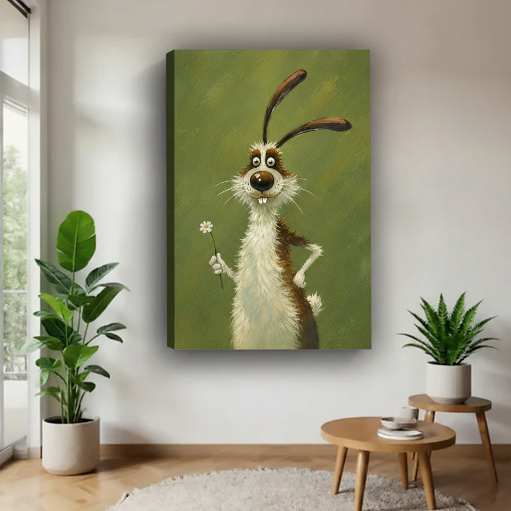 Funny cartoon rabbit canvas wall art gallery wrap frameless, olive green background, white wall living room decor