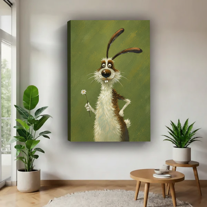 Funny cartoon rabbit canvas wall art gallery wrap frameless, olive green background, white wall living room decor