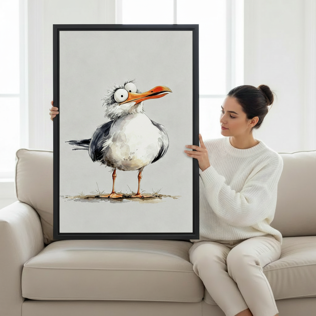 Woman holding large framed funny cartoon seagull canvas wall art size reference white sofa