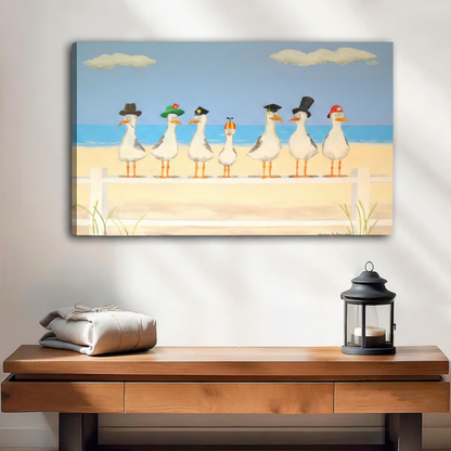 Frameless canvas wrap of whimsical seagulls in hats on sunny beach fence, coastal gallery wall art for entryway