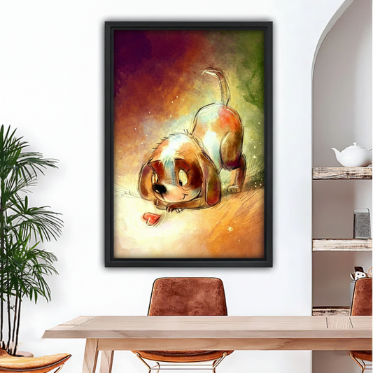 Cartoon watercolor puppy with red heart framed canvas wall art in modern dining room