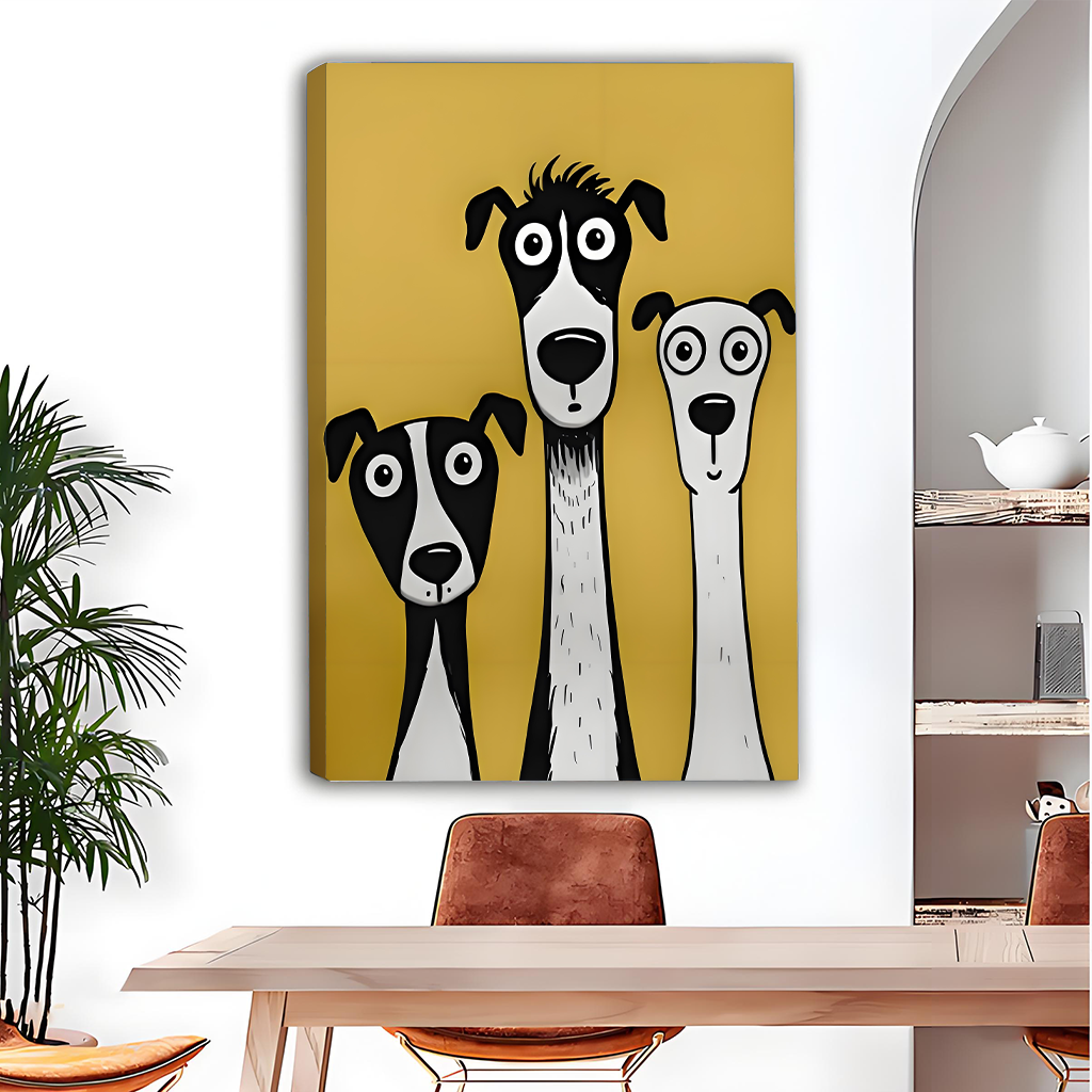 Three funny whippet dogs gallery-wrap canvas art displayed above wooden dining table in bright modern interior