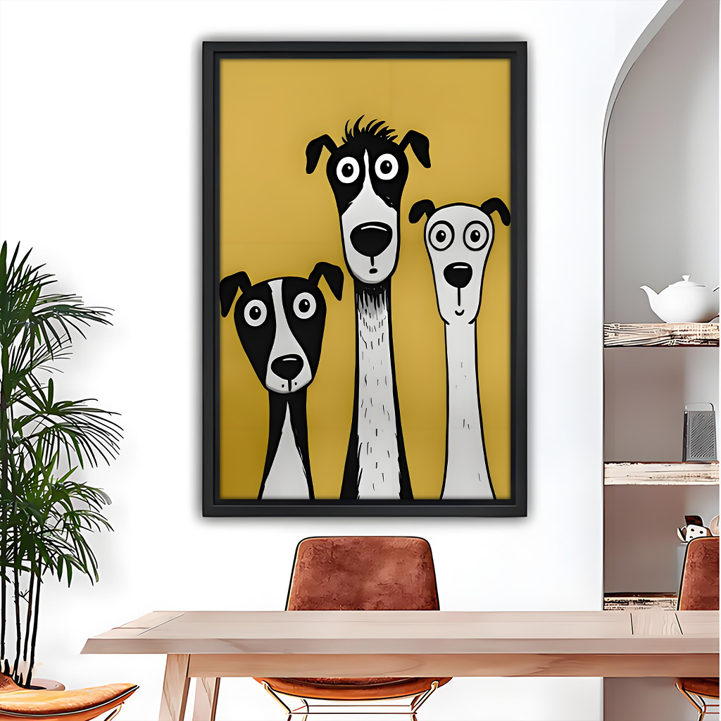 Cartoon whippet dog wall art in black frame above dining table with arched mirror and open shelving on mustard yellow background