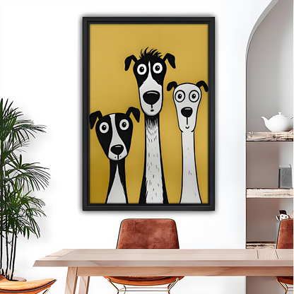 Cartoon whippet dog wall art in black frame above dining table with arched mirror and open shelving on mustard yellow background