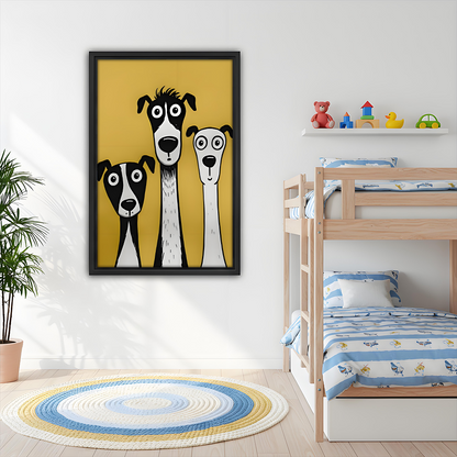 Whimsical cartoon whippet dog framed wall art hanging above bunk bed in cheerful kids bedroom with colorful toys