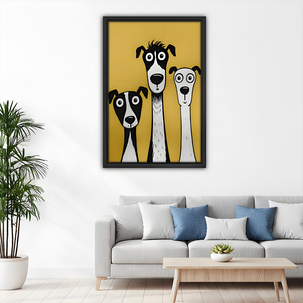Funny cartoon whippet dog canvas wall art in black frame above grey sofa with blue cushions in minimalist living room