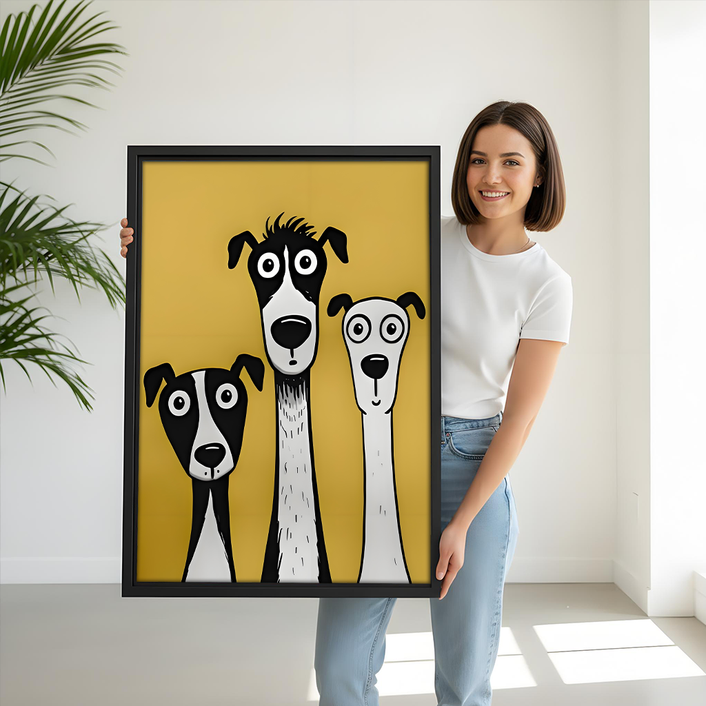 Woman holding large framed cartoon whippet dog canvas wall art print showing size scale in white room