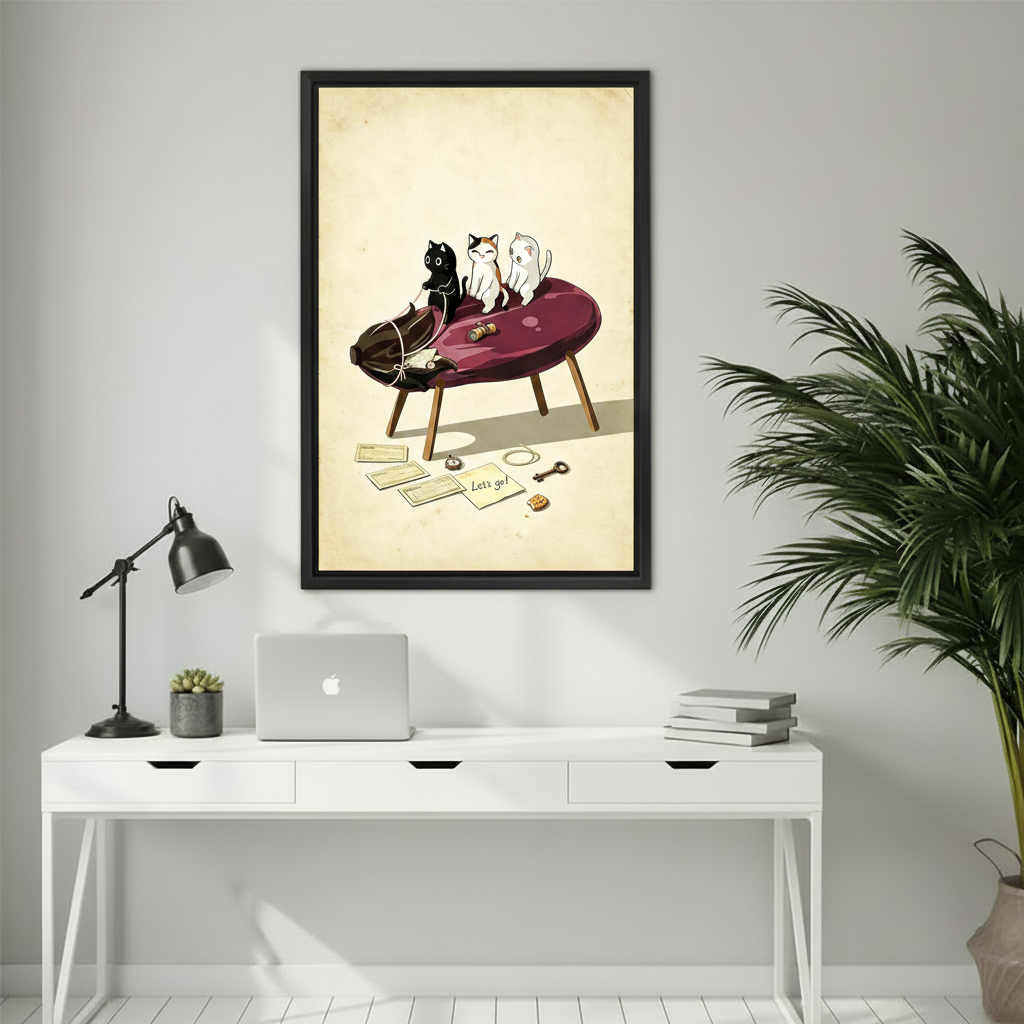 Framed three cats lets go illustration canvas print displayed above white desk in modern home office