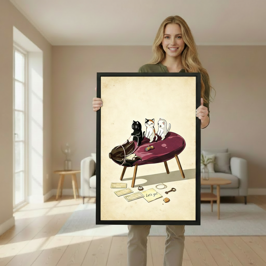 Woman holding large framed whimsical cat travel illustration canvas wall art in bright living room