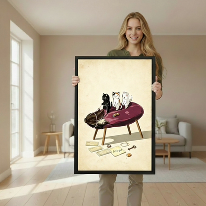 Woman holding large framed whimsical cat travel illustration canvas wall art in bright living room