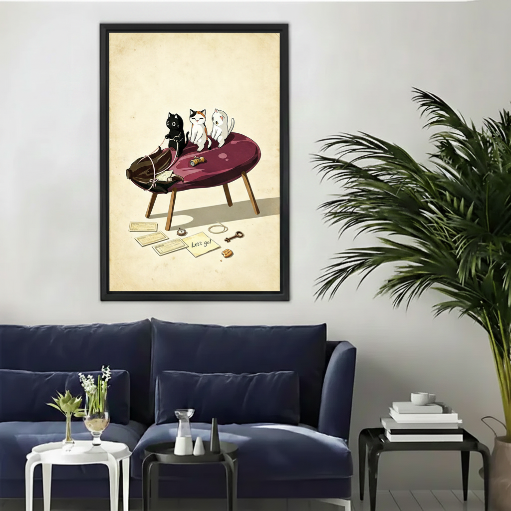 Black framed cat adventure lets go canvas wall art above navy blue sofa in contemporary living room