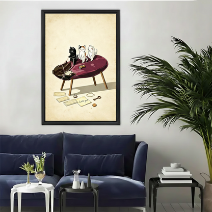 Black framed cat adventure lets go canvas wall art above navy blue sofa in contemporary living room